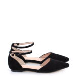 AISHA - Czarne baleriny zamszowe z wycięciami i paskiem nad kostką