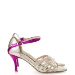 SOLUD - złote sandałki do tańca z różowy obcas