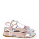 JANET- skórzane srebrne sandały na płaskim obcasie