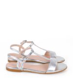 JANET- skórzane srebrne sandały na płaskim obcasie