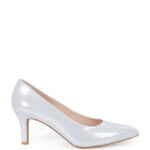 JOAN - Srebrne satynowane szpilki średni obcas