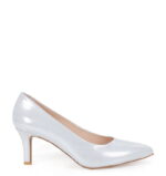 JOAN - Srebrne satynowane szpilki średni obcas