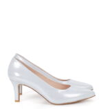 JOAN - Srebrne satynowane szpilki średni obcas - obrazek 2