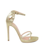 KIM - Złote sandały szpilki na platformie z licowej skóry