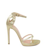 KIM - Złote sandały szpilki na platformie z licowej skóry