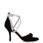 LOUISA - Czarne sandały na szpilce ze srebrnymi paskami