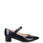 MARIA - czarne czółenka z paskiem na niskim obcasie licowa skóra