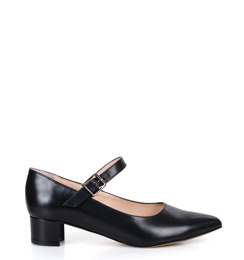 MARIA-czarne07.jpg MARIA - czarne czółenka z paskiem na niskim obcasie licowa skóra - obrazek 1