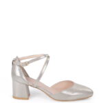 MONICA - Srebrne czółenka z paskiem na krzyż niski słupek