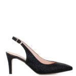 POLA - czarne, błyszczące szpilki na niskim obcasie z odkrytą piętą