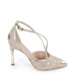 ERICA - Beżowo złote szpilki z paskami na krzyż