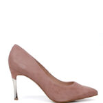 TRISH - Beżowo-różowe czółenka zamszowe na złotej szpilce