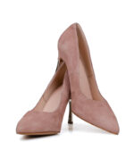 TRISH - Beżowo-różowe czółenka zamszowe na złotej szpilce - obrazek 7