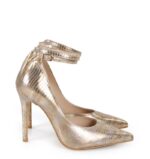 DENISE - Złote wysokie szpilki z paskiem (jaszczurka) - obrazek 2