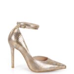 DENISE - Złote wysokie szpilki z paskiem (jaszczurka)