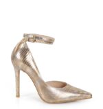 DENISE - Złote wysokie szpilki z paskiem (jaszczurka)