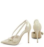 EMMA - Szpilki ecru perła z paseczkami i kokardką - obrazek 6