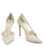 EMMA - Szpilki ecru perła z paseczkami i kokardką - obrazek 5