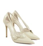 EMMA - Szpilki ecru perła z paseczkami i kokardką - obrazek 2