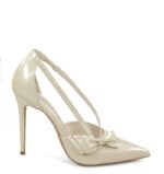 EMMA - Szpilki ecru perła z paseczkami i kokardką