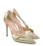 EMMA - Szpilki złote licowe z paseczkami i kokardką - obrazek 2