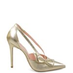 EMMA - Szpilki złote licowe z paseczkami i kokardką