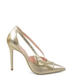 EMMA - Szpilki złote licowe z paseczkami i kokardką