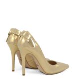 EVIE - Złote szpiki z satynowanej skóry z kokardą - obrazek 3