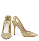 EVIE - Złote szpiki z satynowanej skóry z kokardą - obrazek 5