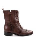 HANNAH - Brązowe botki na płaskim obcasie sznurowane i zapinane na zamek