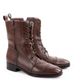 HANNAH - Brązowe botki na płaskim obcasie sznurowane i zapinane na zamek - obrazek 2