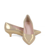 JESSICA - Złote niskie szpilki z satynowanej skóry - obrazek 3