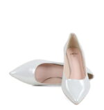 JESSICA - Srebrne, niskie szpilki z satynowanej skóry - obrazek 4