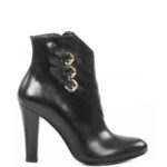 LEA - Czarne botki z licowej skóry, ozdobne paseczki w jodełkę