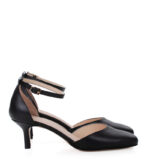 LINDA - Czarne szpilki z paskiem, niski obcas, skóra licowa