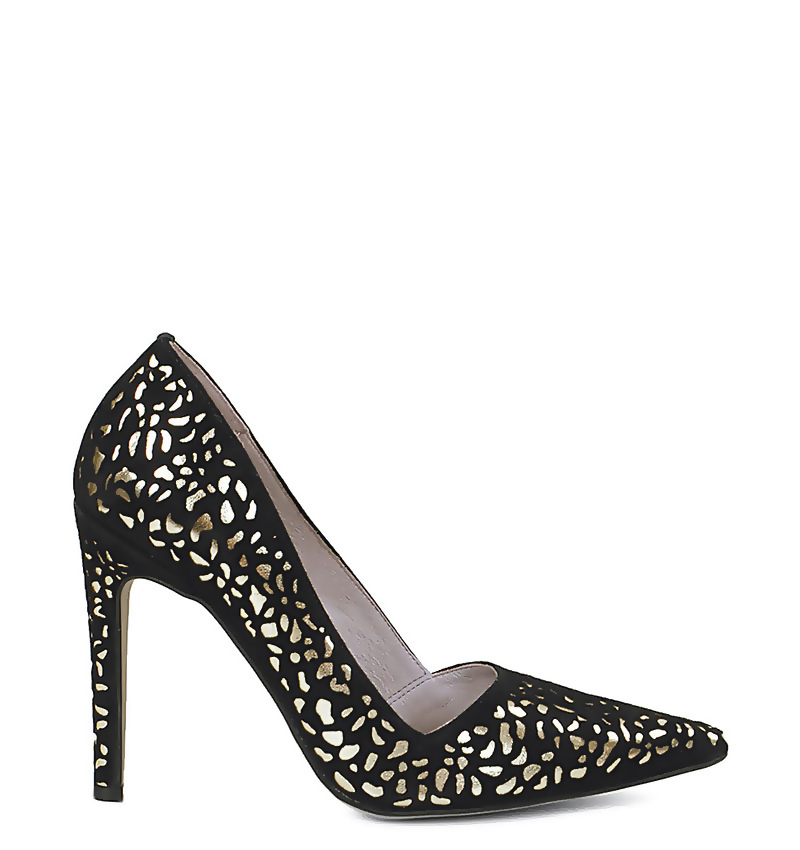 manon-black-a.jpg MANON - Czarno złote szpilki zamszowa skóra, ażurowe - obrazek 1
