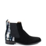 MATILDA - Czarne botki wsuwane na płaskim obcasie (niebieska krata)