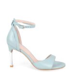 MEGAN - Błękitne sandały srebrna szpilka licowa skóra