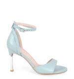 MEGAN - Błękitne sandały srebrna szpilka licowa skóra