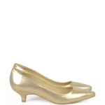 MICHELLE - Złote szpilka na niskim obcasie z satynowanej skóry