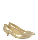 MICHELLE - Złote szpilka na niskim obcasie z satynowanej skóry - obrazek 2