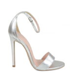NATALIE - Sandały na wysokiej szpilce srebrne z licowej skóry