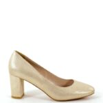 NORMA- Złote  jasne czółenka na słupku tekstura satynowa