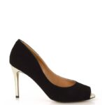 GABRIELLE - czarne szpilki open toe na złotym obcasie