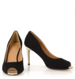 GABRIELLE - czarne szpilki open toe na złotym obcasie - obrazek 6