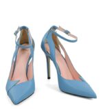 TESS - Szpilki niebieskie z licowej skóry z paskiem i wycięciami - obrazek 5