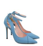 TESS - Szpilki niebieskie z licowej skóry z paskiem i wycięciami - obrazek 2