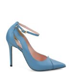 TESS - Szpilki niebieskie z licowej skóry z paskiem i wycięciami