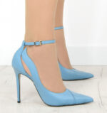TESS - Szpilki niebieskie z licowej skóry z paskiem i wycięciami - obrazek 7