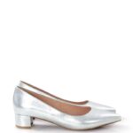 WERONICA - Srebrne czółenka na niskim obcasie z licowej skóry